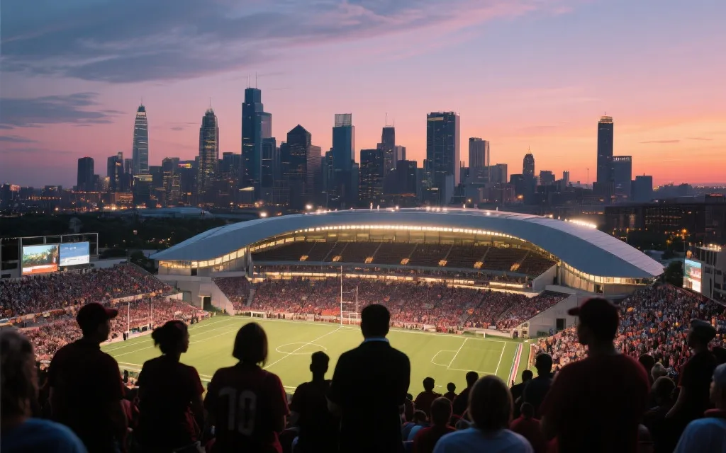 北美城市夜景与大型足球场氛围示意图