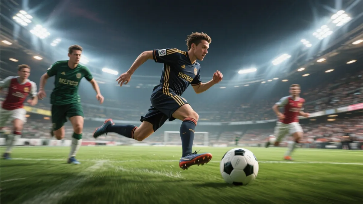 世界杯比赛场景风格插画：反击中边锋推进，B2B插上，中锋牵引